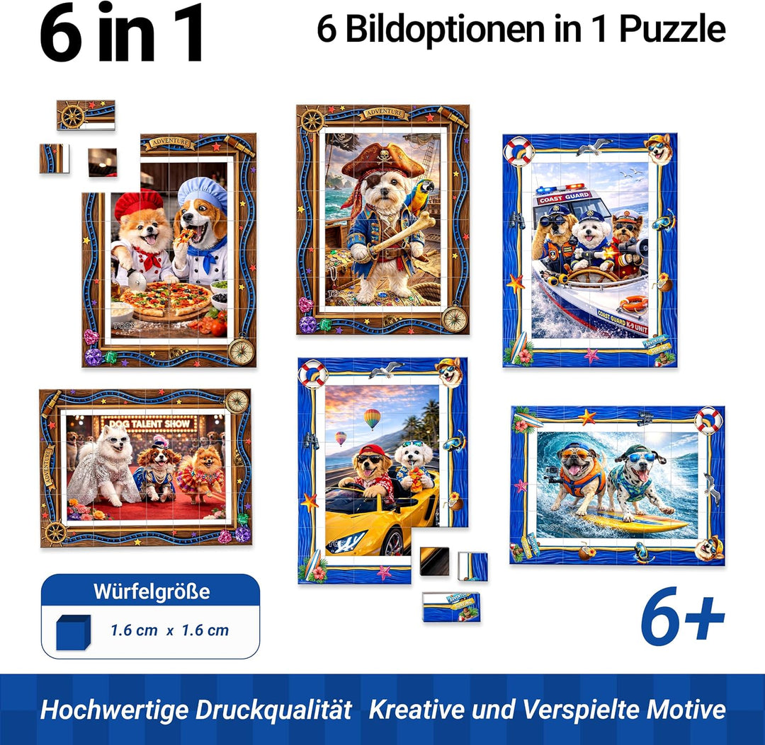 TOSY Picture Cube Action Dogs: 6-in-1 magnetisches Bilderpuzzle, 48 Blöcke, 288 Flächen/Magnete, 0,6