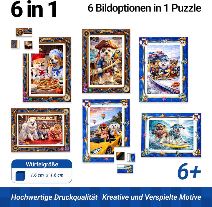 TOSY Picture Cube Action Dogs: 6-in-1 magnetisches Bilderpuzzle, 48 Blöcke, 288 Flächen/Magnete, 0,6