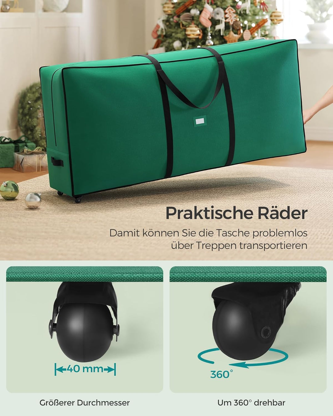 SONGMICS Aufbewahrungstasche für Weihnachtsbaum, Tragetasche auf Rollen, für Bäume bis zu 274 cm, fü