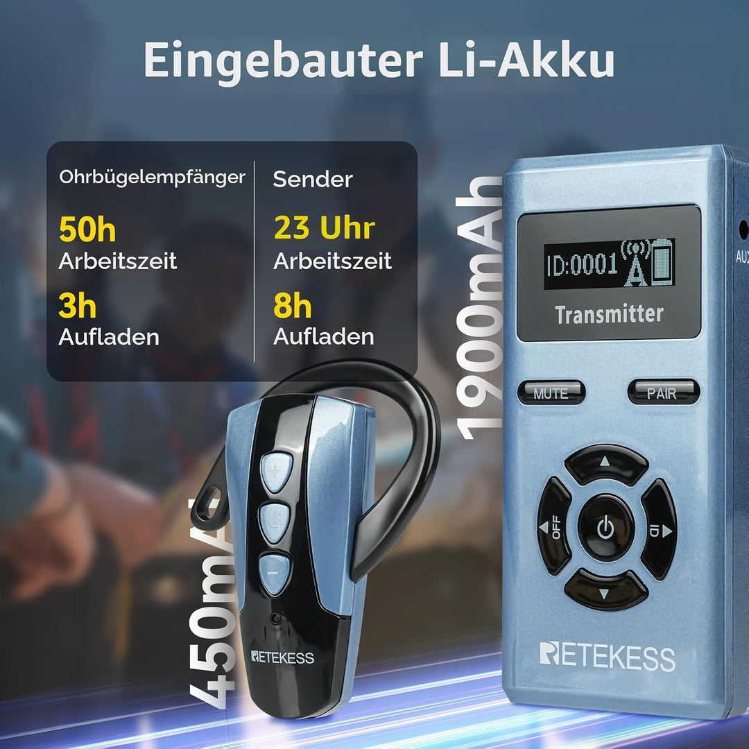 Retekess TT106S Drahtloses Tourguide-System, Ohrbügel-Empfänger, 2.4GHz, One-Touch-Bedienung, USB-La