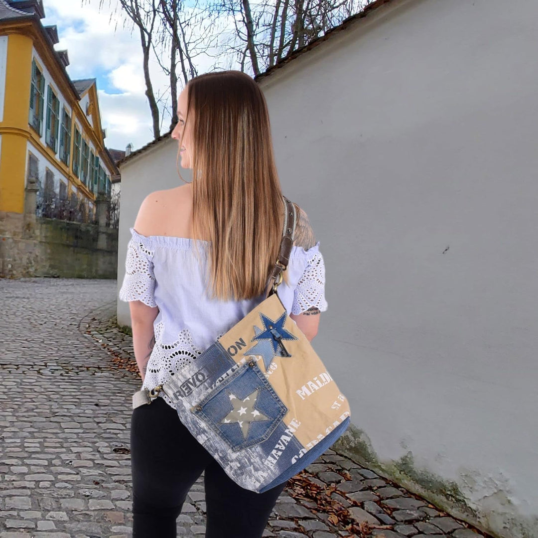 Sunsa Damen Tasche. Nachhaltige Umhängetasche. Handtasche aus recycelte Jeans &amp; Canvas Schultertasch
