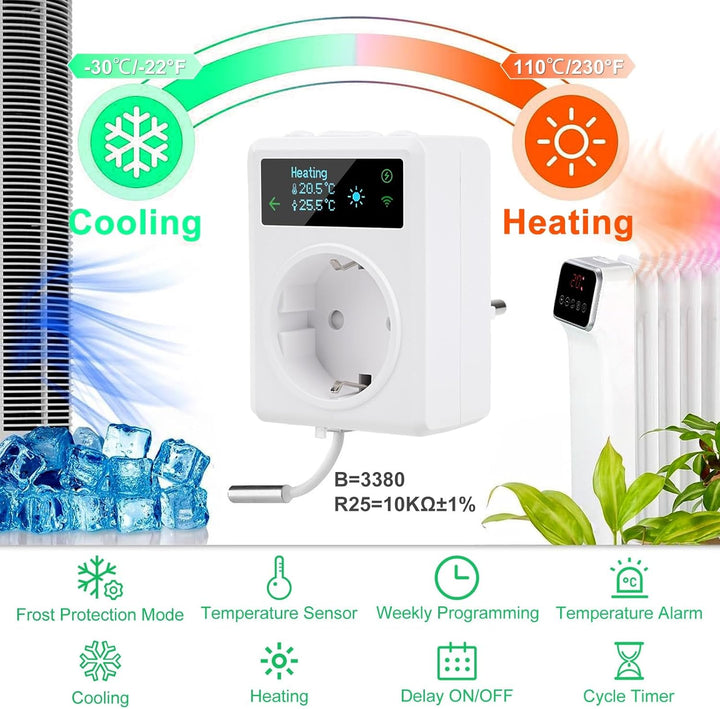 WiFi Thermostat, 16A AC100~240V Steckdosen-Thermostat WLAN Digital Thermostat Steckdose kompatibel m
