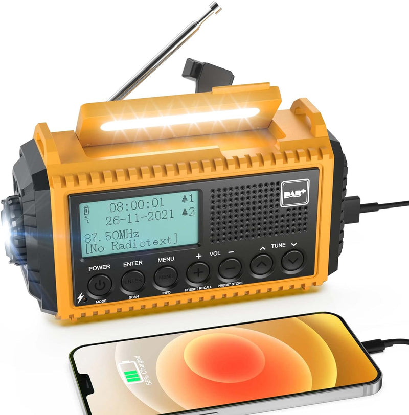 Kurbelradio DAB/UKW mit Akku 5000mAh, Tragbare Solar Radio mit LED-Taschenlampe & Leselicht, DAB+ Ba