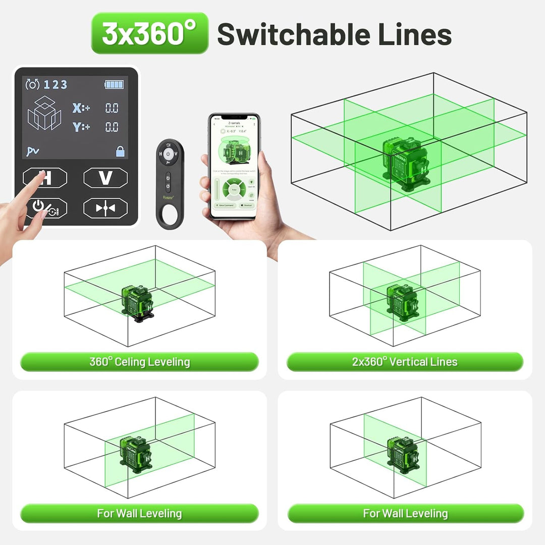 Huepar W03CG 3D-Laser-Nivelliergerät für Neubauten, 3x360° selbstnivellierend, 12 Linien, Bluetooth-