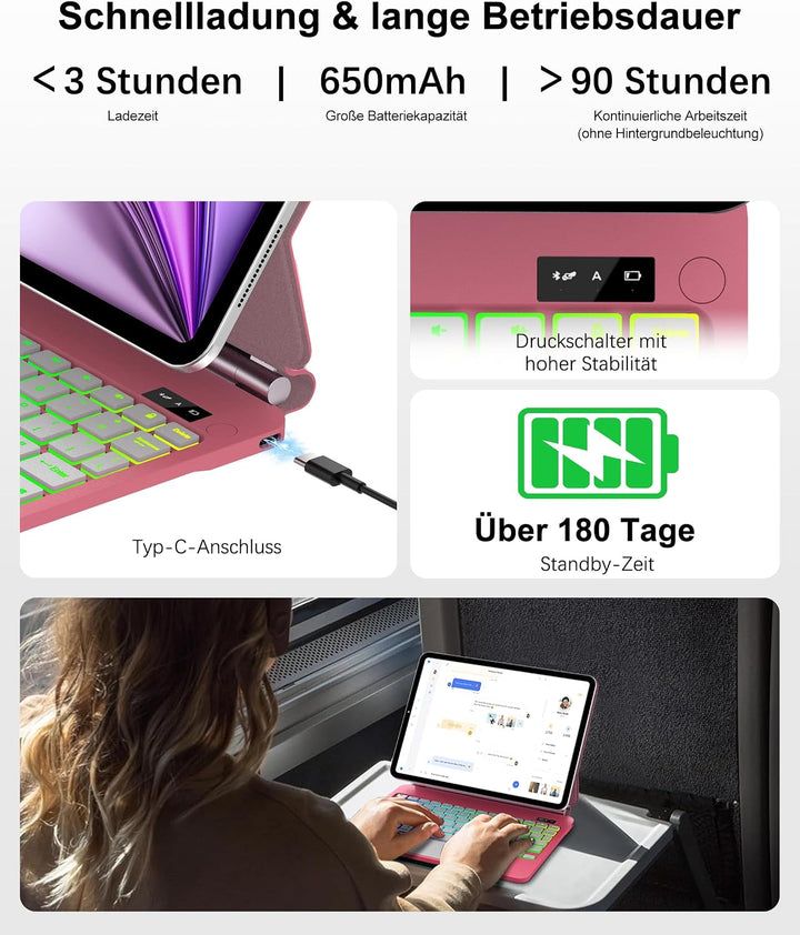 JADEMALL Magic Keyboard für iPad Air 11" (M4 2026/M3 2025/M2 2024) - QWERTZ Tastatur mit Beleuchtung