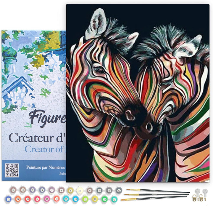 Figured'Art Malen Nach Zahlen Erwachsene Mit Rahmen Buntes Zebrapaar - Paint by Numbers Basteln DIY