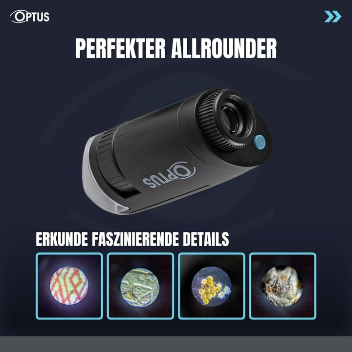 Optus Taschenmikroskop mit LED Beleuchtung, 40x-120x Vergrösserung, Standfuss & Objektklemmen - Komp
