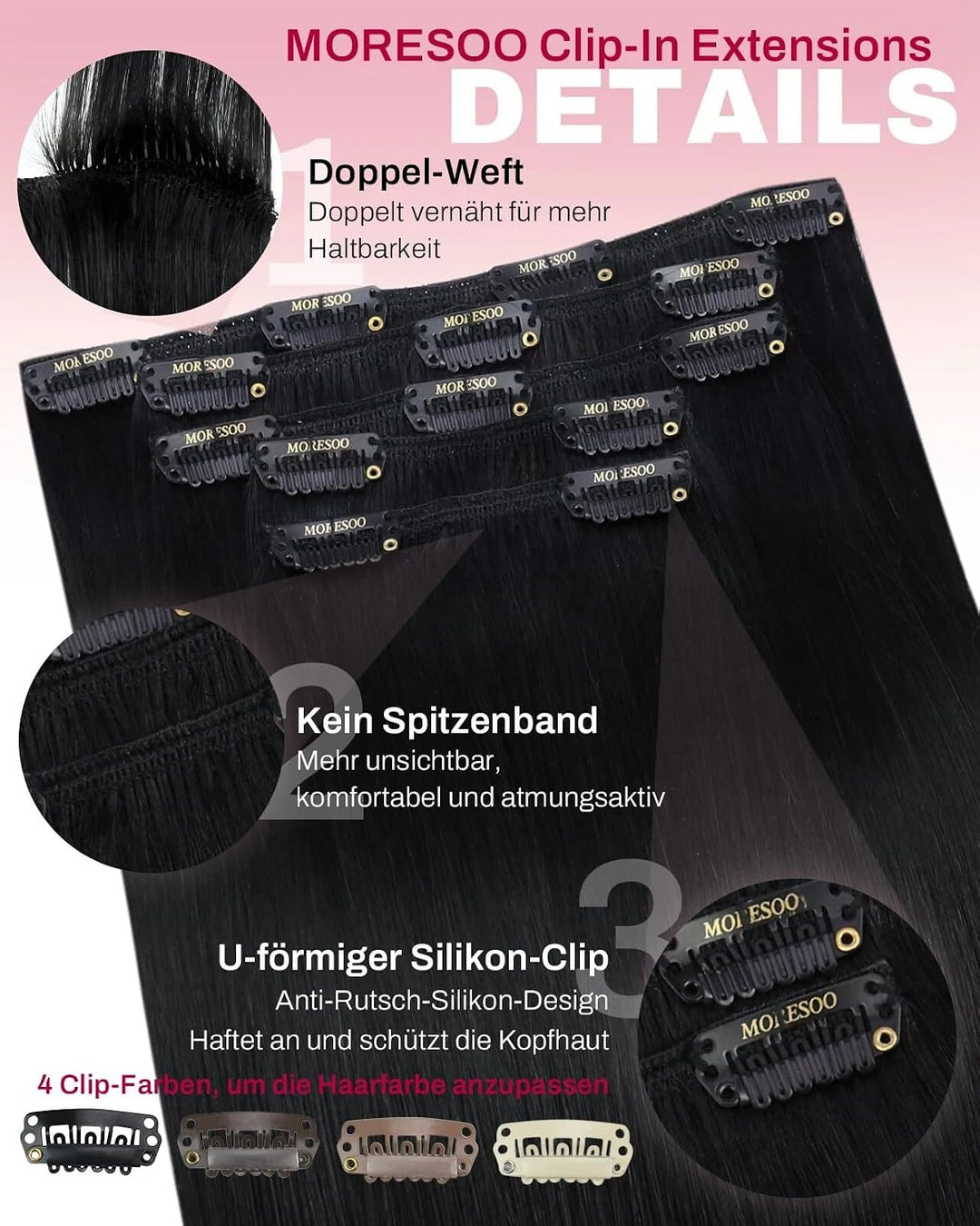 Moresoo Clip in Extensions Schwarz Echthaar Extensions Clip 45 cm 5 Stück 80g Glattes Haar Leicht zu