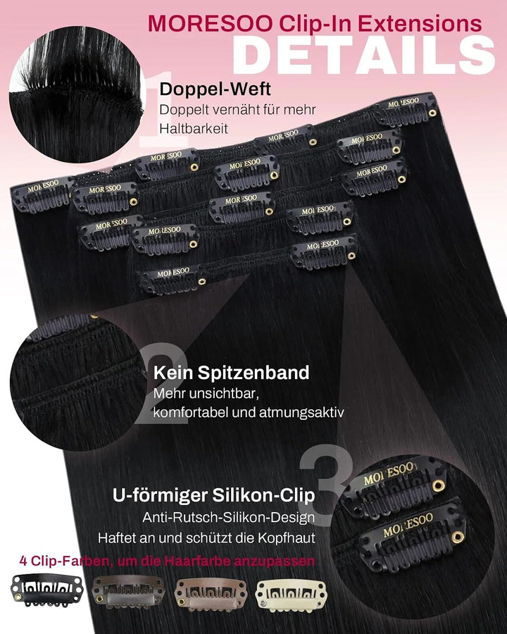 Moresoo Clip in Extensions Schwarz Echthaar Extensions Clip 45 cm 5 Stück 80g Glattes Haar Leicht zu