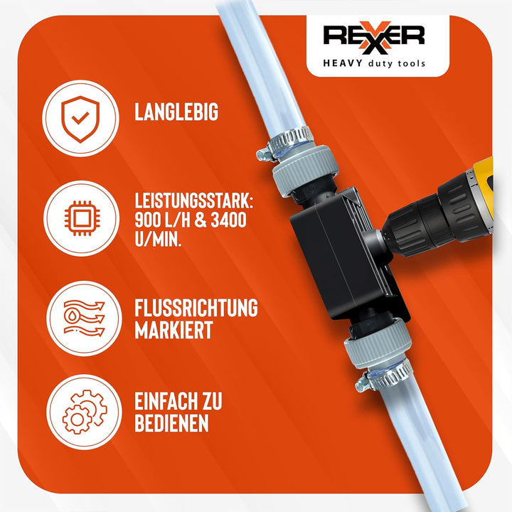 Rexxer | Bohrmaschinenpumpe | Aufsatz 3/4" | 2 m Schlauch aus Kunststoff | Tragbar | Schnelle Pumpge