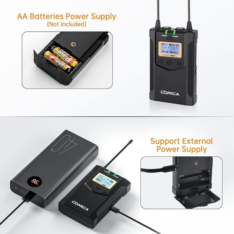 comica Kabelloses Lavalier-Mikrofon, CVM-WM100 Plus UHF Dual Wireless Mikrofonsystem mit 2 Sendern u