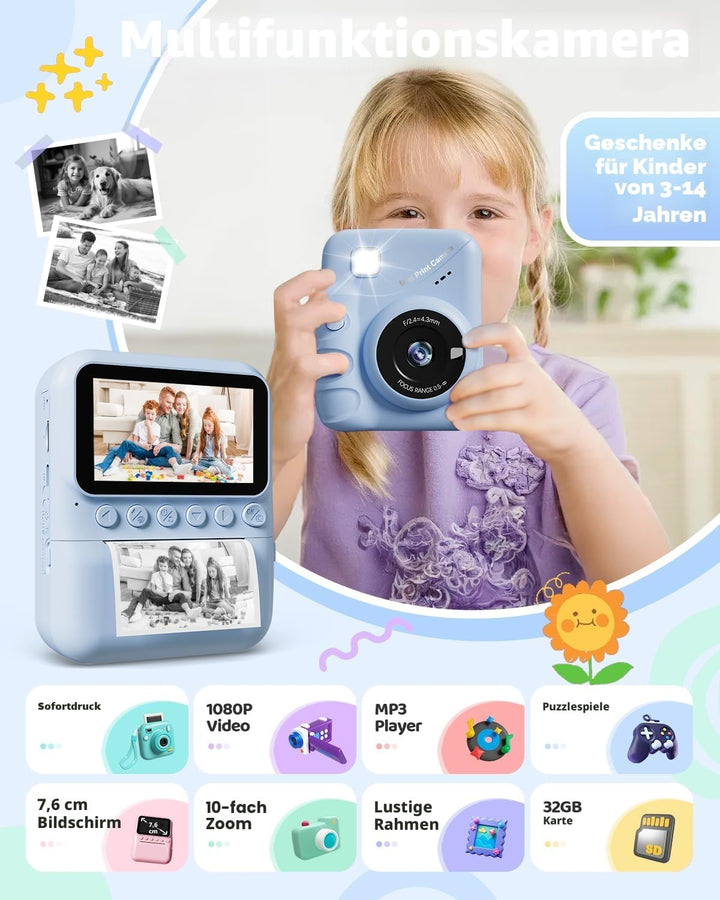 Kinderkamera Sofortbildkamera, 48MP 3.0 Zoll Sofortbildkamera Kinder mit 32G Karte & 3 Rollen Druckp