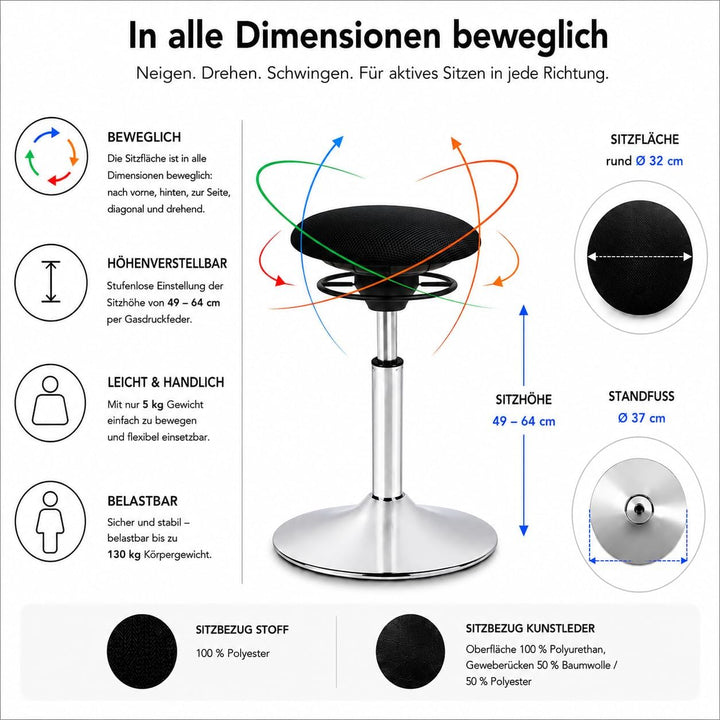 BALIMO Classic - Bürohocker - ergonomischer Sitzhocker - Bewegungsstuhl - Bewegungshocker - Rücken-T