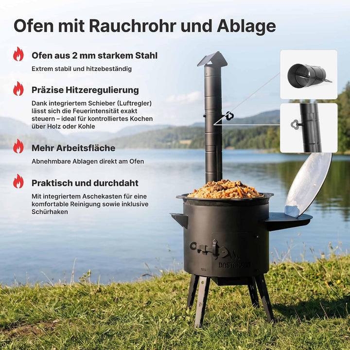 Kazan-Ofen Set 40cm Uchag 2mm Stahl Utschak Abzugsrohr 12L Gusseisen Kasan | Set Utschak mit Usbekis