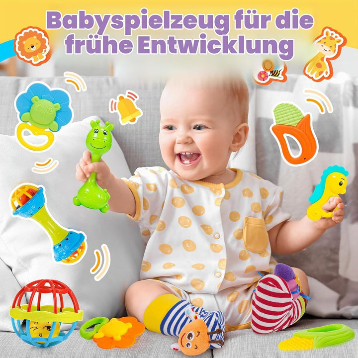 Baby Spielzeug ab 0-12 Monate, 14 Pcs Rasseln Beissring Set mit Aufbewahrungsbox Babyspielzeug ab 0-
