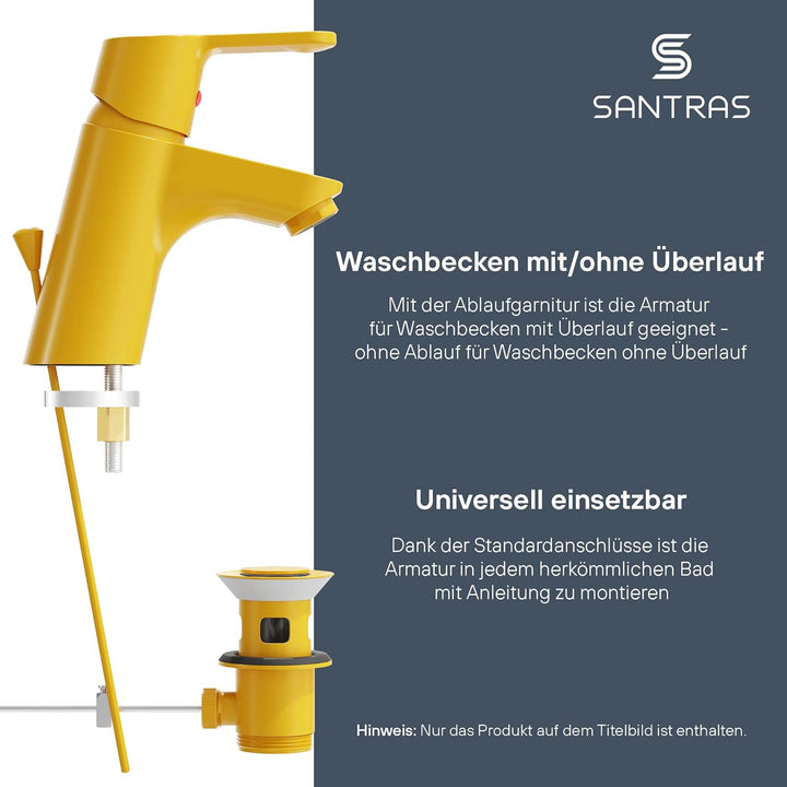 SANTRAS® Waschtischarmatur für das Bad mit Exzenter Ablaufgarnitur und Zugstange in Gelb– Einhebel-M