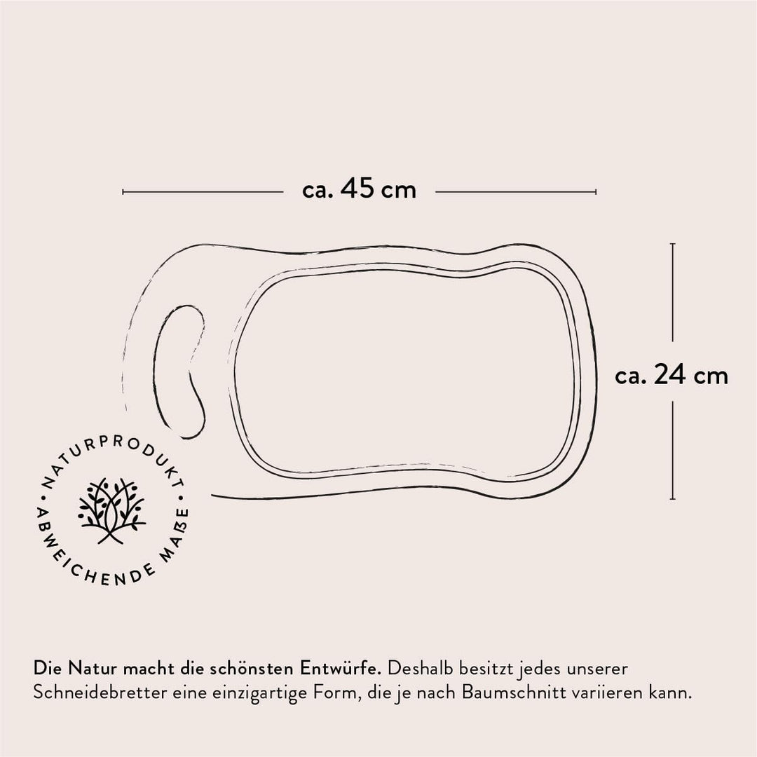 DAS OLIVENHOLZBRETT® Schneidebrett, Servierbrett mit Henkel und Saftrille, Naturform - kann Rinde am