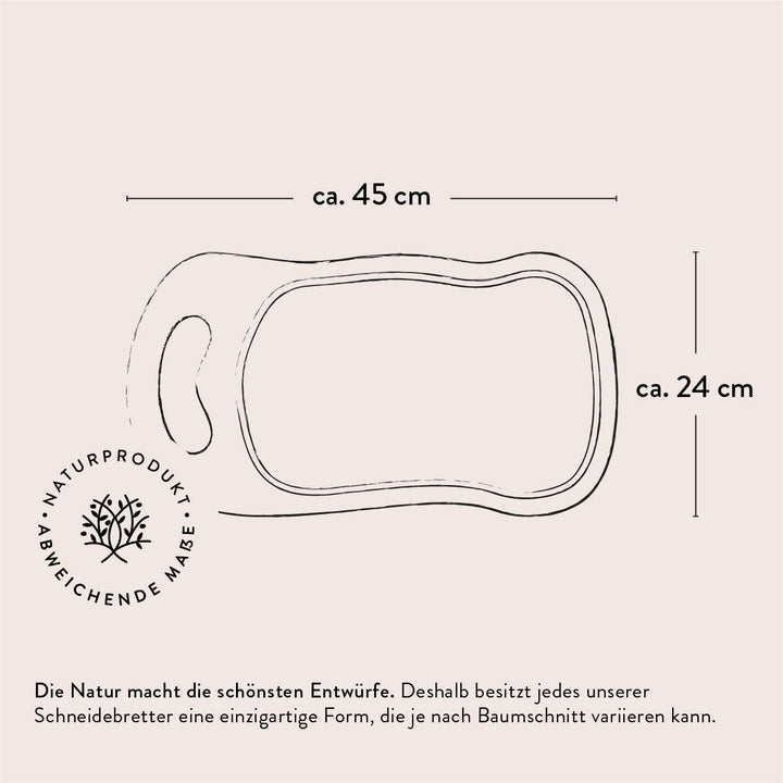 DAS OLIVENHOLZBRETT® Schneidebrett, Servierbrett mit Henkel und Saftrille, Naturform - kann Rinde am