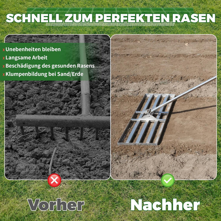 Rasenrakel 80x30 cm Rasenplanier-Rechen mit Verstellbarer Metallstiel (140-215cm) Rasenrechen zum Ra