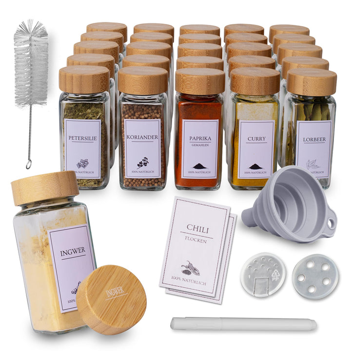 comforder Gewürzgläser Set (25 Stück), Gewürz Organizer mit Gewürzstreuer mit Etiketten + Trichter,