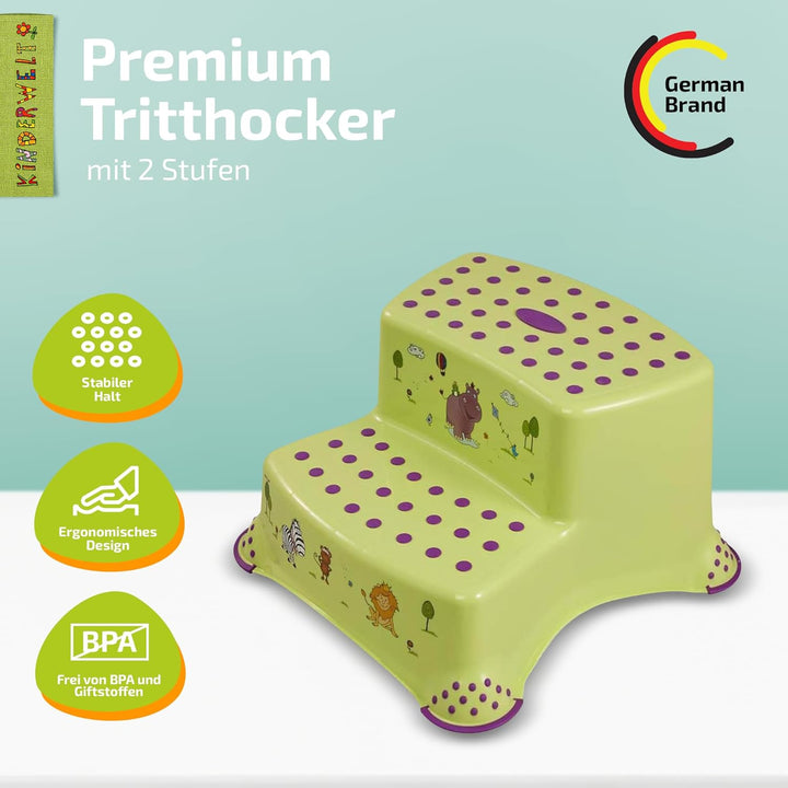KiNDERWELT Premium zweistufiger Tritthocker für Kinder und Babys, Hippo Design in Grün, Tritthocker