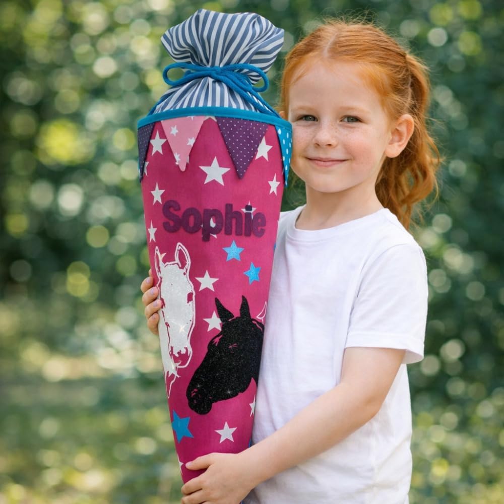 PFERDE-Schultüte | 35 cm | kleine Geschwistertüte | Stoff, Einschulung, Schulanfang, Zuckertüte, 35