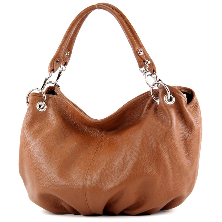 modamoda de - IT40 - ital. Damen Schultertasche aus Leder Cognac Leder, Cognac Leder