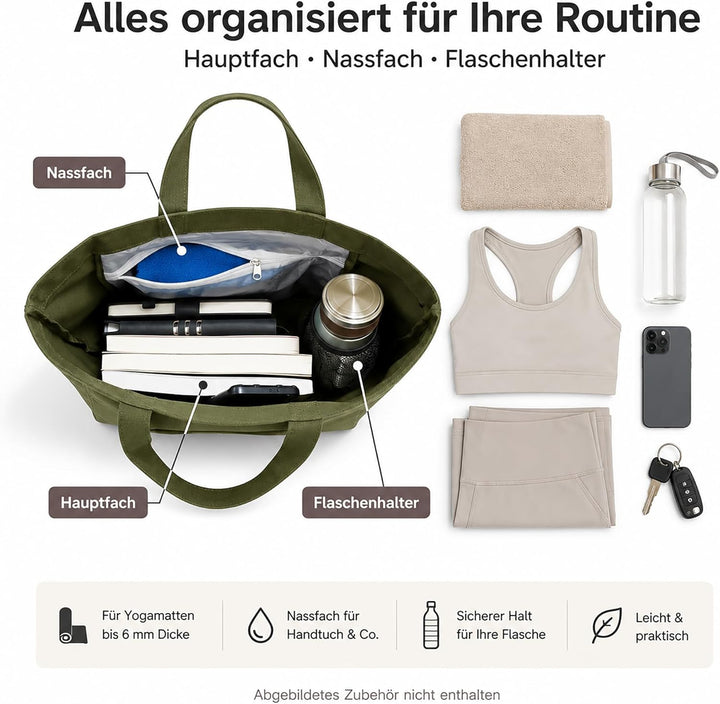 Yogatasche Damen mit Nassfach, Flaschenhalter und Durchgehendem Reissverschluss,Matte Einfach Heraus