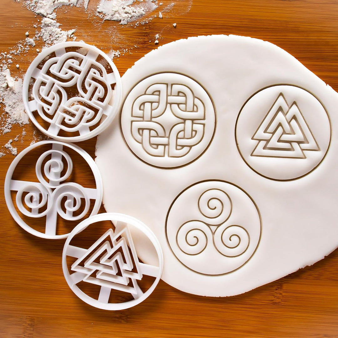 3er Set Nordische Runen Ausstechformen (Formen: keltischer Schildknoten, Triskelion, & Valknut), 3 T