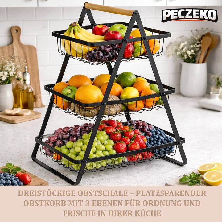 Dreistöckiger Obstkorb mit 3 Ebenen – Platzsparende Obstschale & Obsetagere aus Metall mit Holzgriff