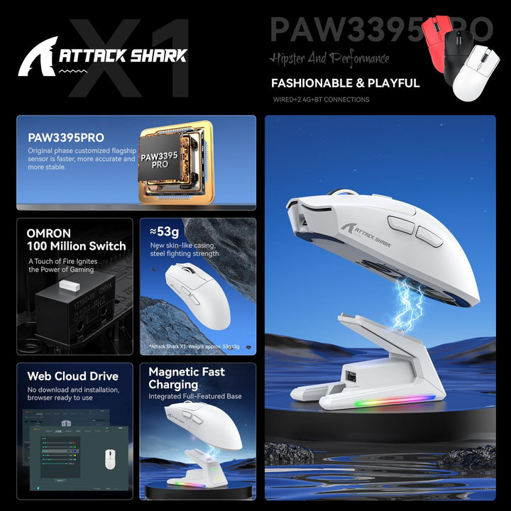 ATTACK SHARK X1 Gaming Mouse with Touchpad RGB Charging Dock, PixArt PAW3395PRO Gaming Sensor, BT/2.