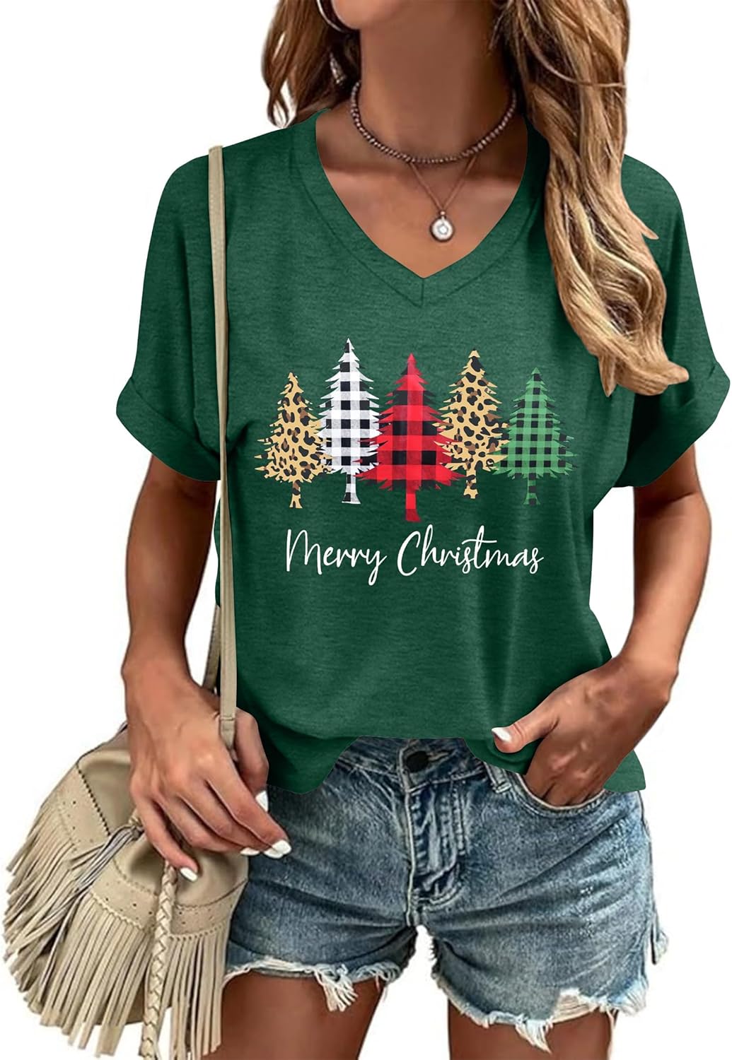 hohololo Weihnachts Tshirt Damen Christmas Shirt Merry Christmas V-Ausschnitt-T-Shirt Grün2 L, Gr&#x