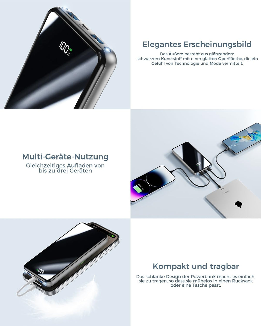 Power Bank 26800mAh, Powerbank 22,5W PD Schnellladefunktion, USB-C Externes Ladegerät mit LED-Displa