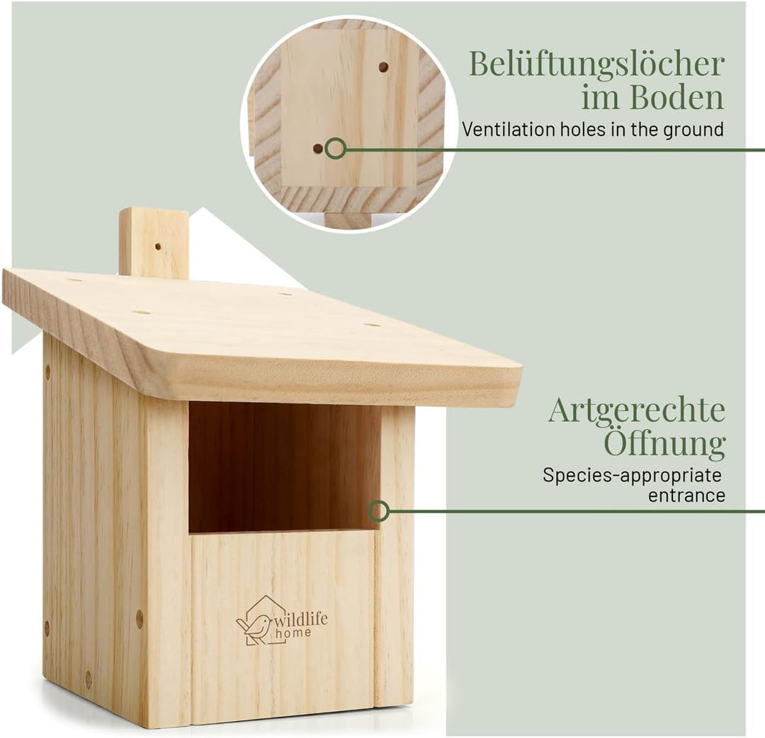 WILDLIFE HOME Nistkasten Halbhöhle – 2er Set für Rotschwänzchen, Rotkehlchen aus Massiv-Holz I Nistk