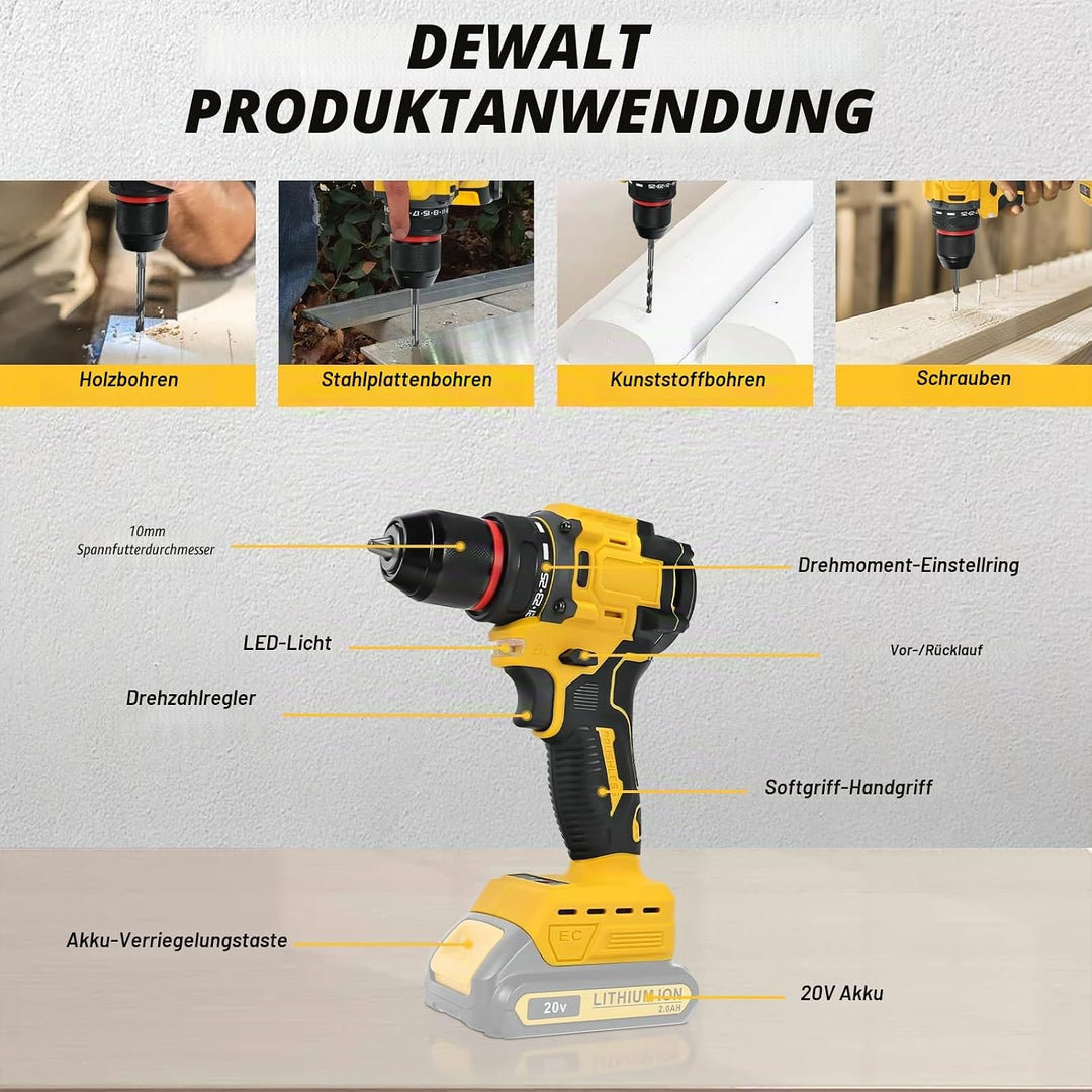 Akku-Bohrschrauber für DEWALT 20V Akkus,25+1Drehmoment Einstellung, Max. Drehmoment 60N-m, LED-Licht