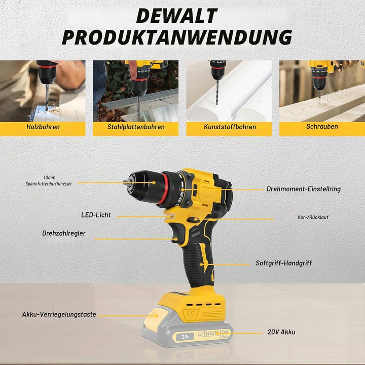 Akku-Bohrschrauber für DEWALT 20V Akkus,25+1Drehmoment Einstellung, Max. Drehmoment 60N-m, LED-Licht