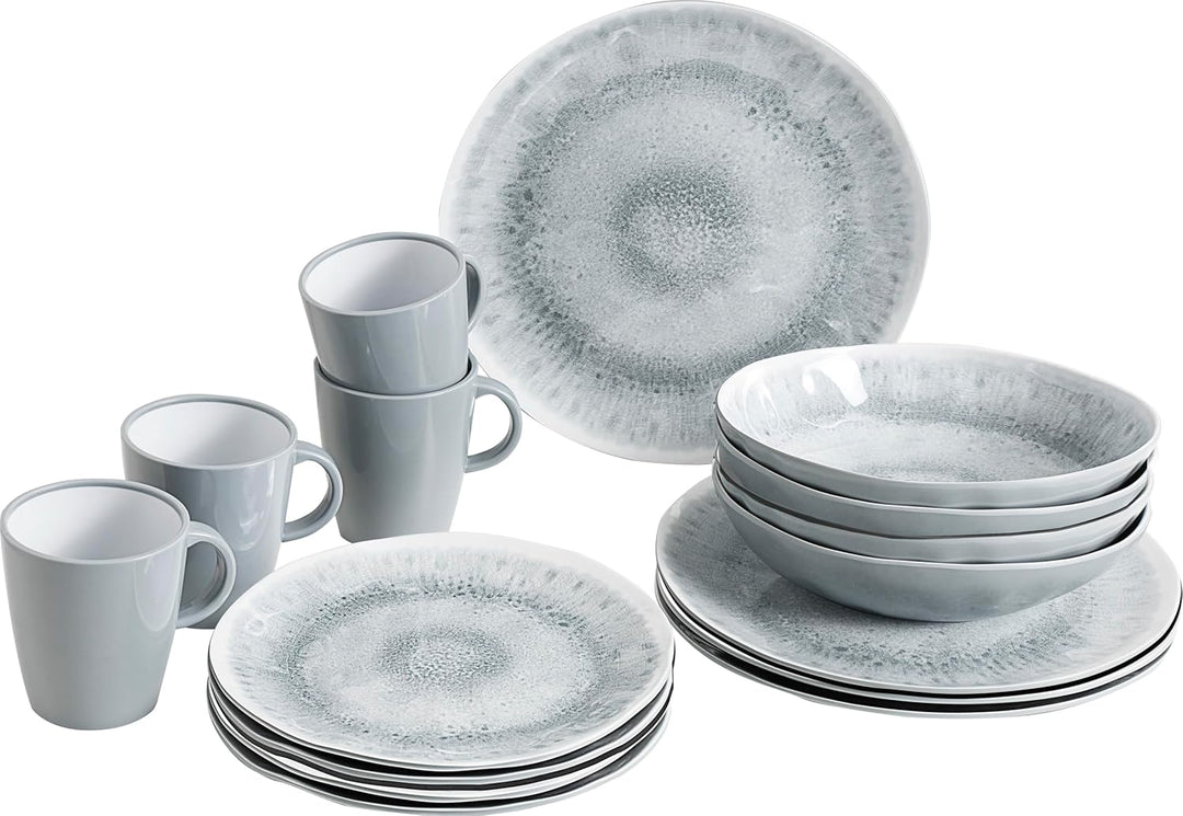 BRUNNER Melamin ESS Geschirr Set Lunch Box 16-teilig Camping Reise Teller Becher Stonetouch Pearl, S