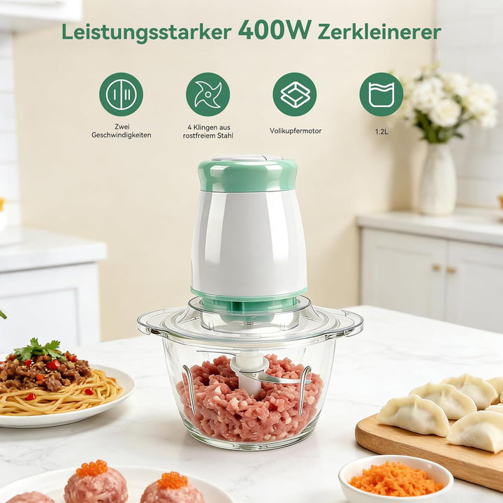 Elektrischer Zerkleinerer 400W, 1.2L Universalzerkleinerer mit Glasbehälter, 2 Geschwindigkeiten & 4