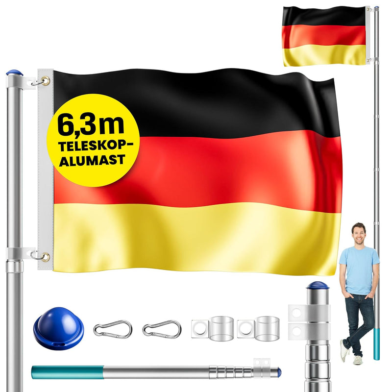 Monzana Aluminium Teleskop Fahnenmast 6,30m Bodenhülse 60cm inkl Deutschlandfahne Flaggenmast Mast F