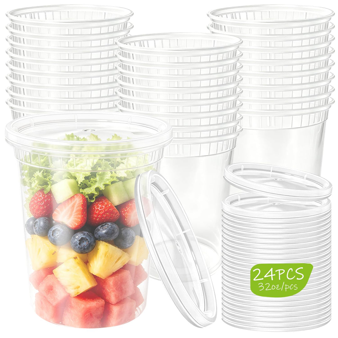 Kunststoffbehälter mit Deckel 24Stk Aufbewahrungsbecher für Lebensmittel 32Oz BPA-Frei Wiederverwend