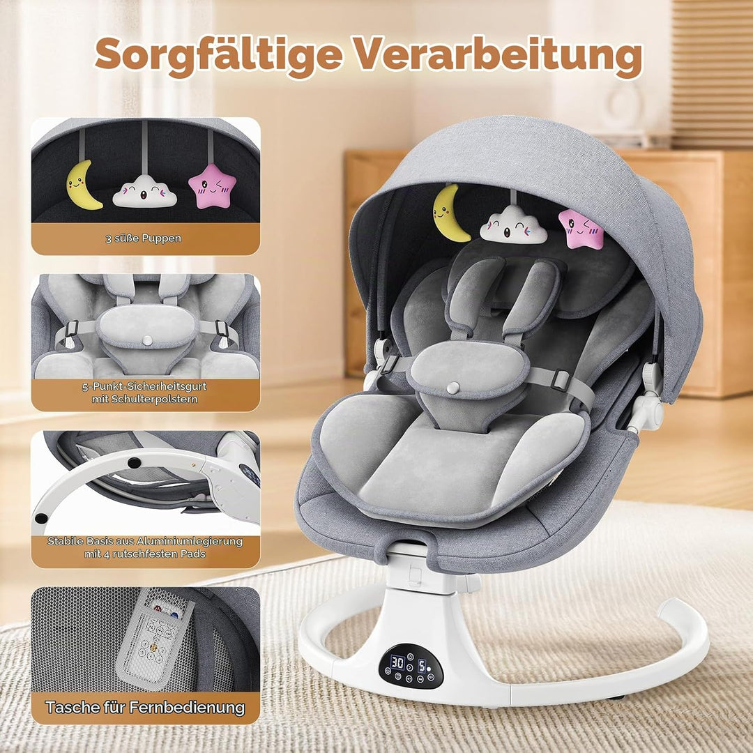 Verstellbare Rückenlehne Babyschaukel, Bluetooth Elektrisch Babywippe Mit Abnehmbares Kissen und Abn