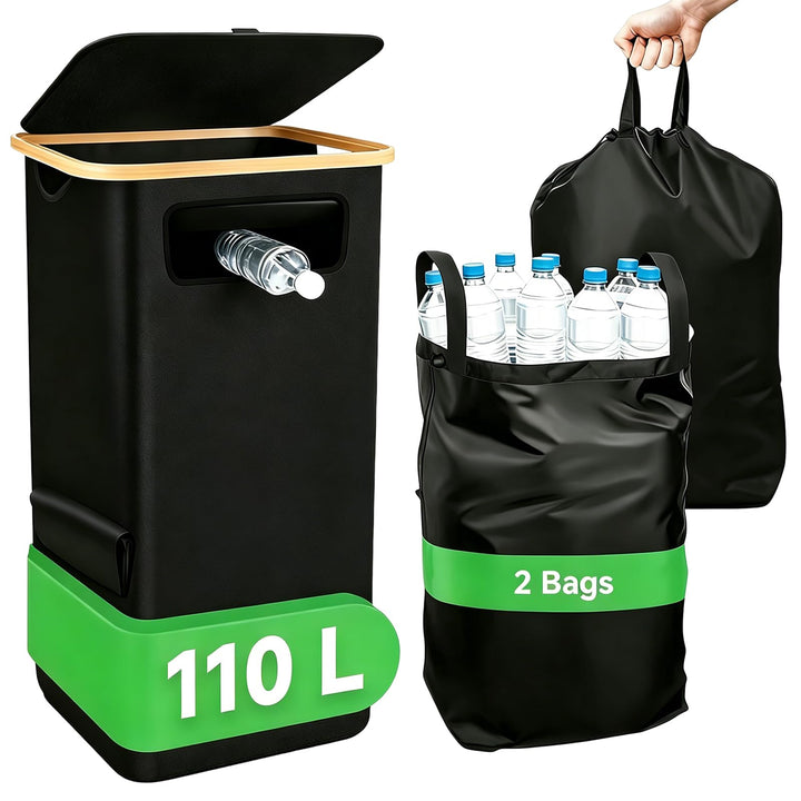 110L Pfandflaschen Sammelbehälter mit Deckel & 2 Tragetasche, Pfandflaschen Behälter Faltbar, Leergu