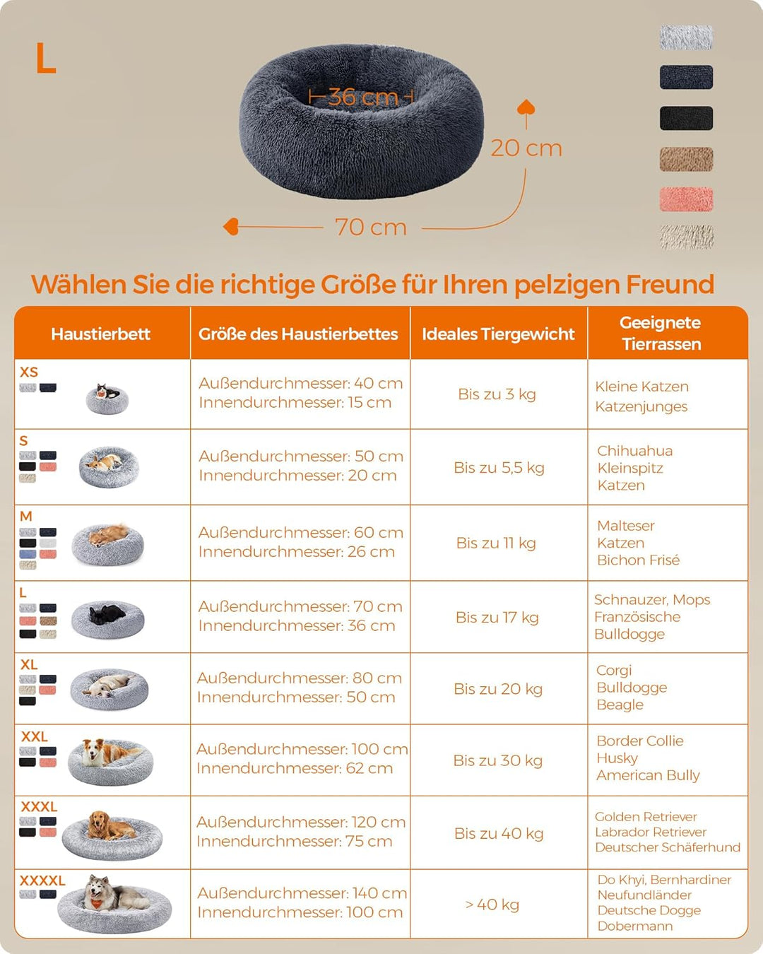 Feandrea Hundebett flauschig, Katzenbett, Donut Kissen, waschbar, Polsterung in der Mitte herausnehm