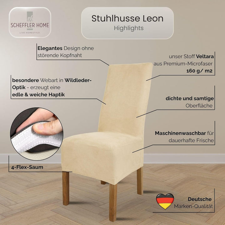 SCHEFFLER-Home Stuhlhussen 4er Set Leon Ecru/elastische Wildleder Hussen für Stühle/Robustes Freisch