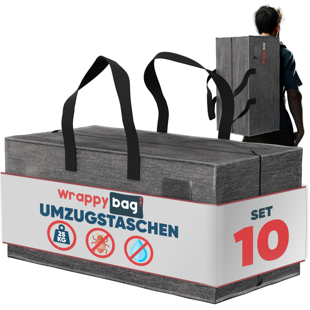 WRAPPYBAG 10er-Set Grosse Kunststoff-Aufbewahrungstaschen – Jumbo XXL Umzugstaschen – Wasserdicht, S