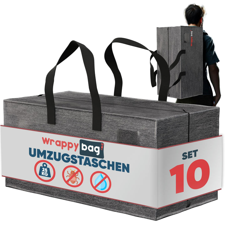 WRAPPYBAG 10er-Set Grosse Kunststoff-Aufbewahrungstaschen – Jumbo XXL Umzugstaschen – Wasserdicht, S