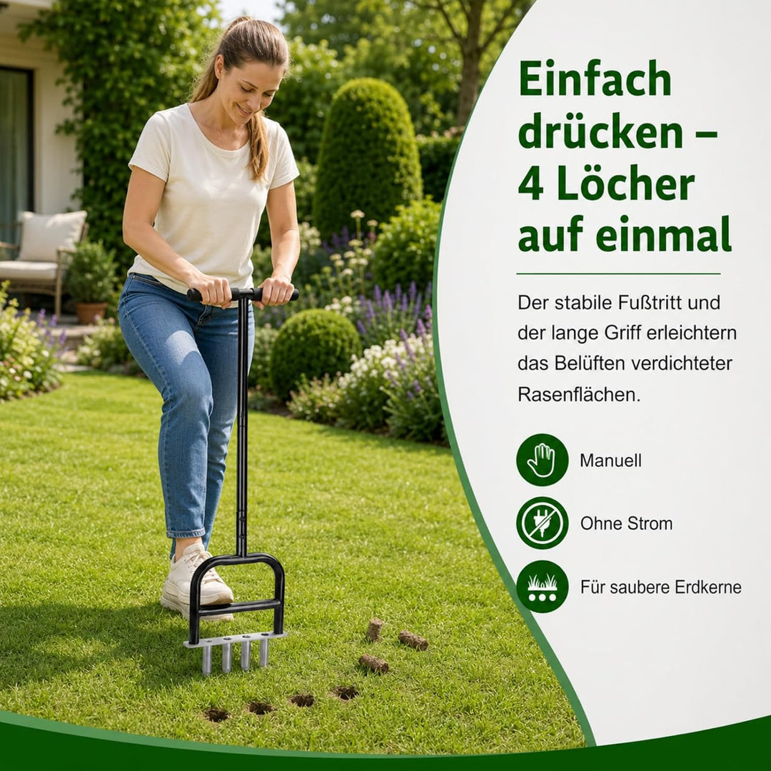 Manueller Rasenbelüfter aus Edelstahl – Rasenkern mit 4 Zinken, Rasenbelüfter für Garten, Sportplatz
