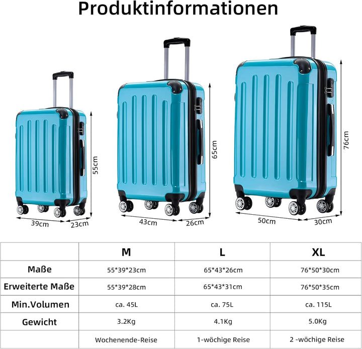 BEIBYE Hartschalen Koffer Trolley Rollkoffer Reisekoffer 4 Zwillingsrollen Polycabonat (Türkis, Koff