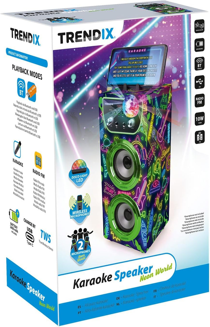 Trendix - Karaoke Maschine Kinder Neon World | Karaoke Anlage Mit 2 Mikrofonen | Musikbox Kinder Rad