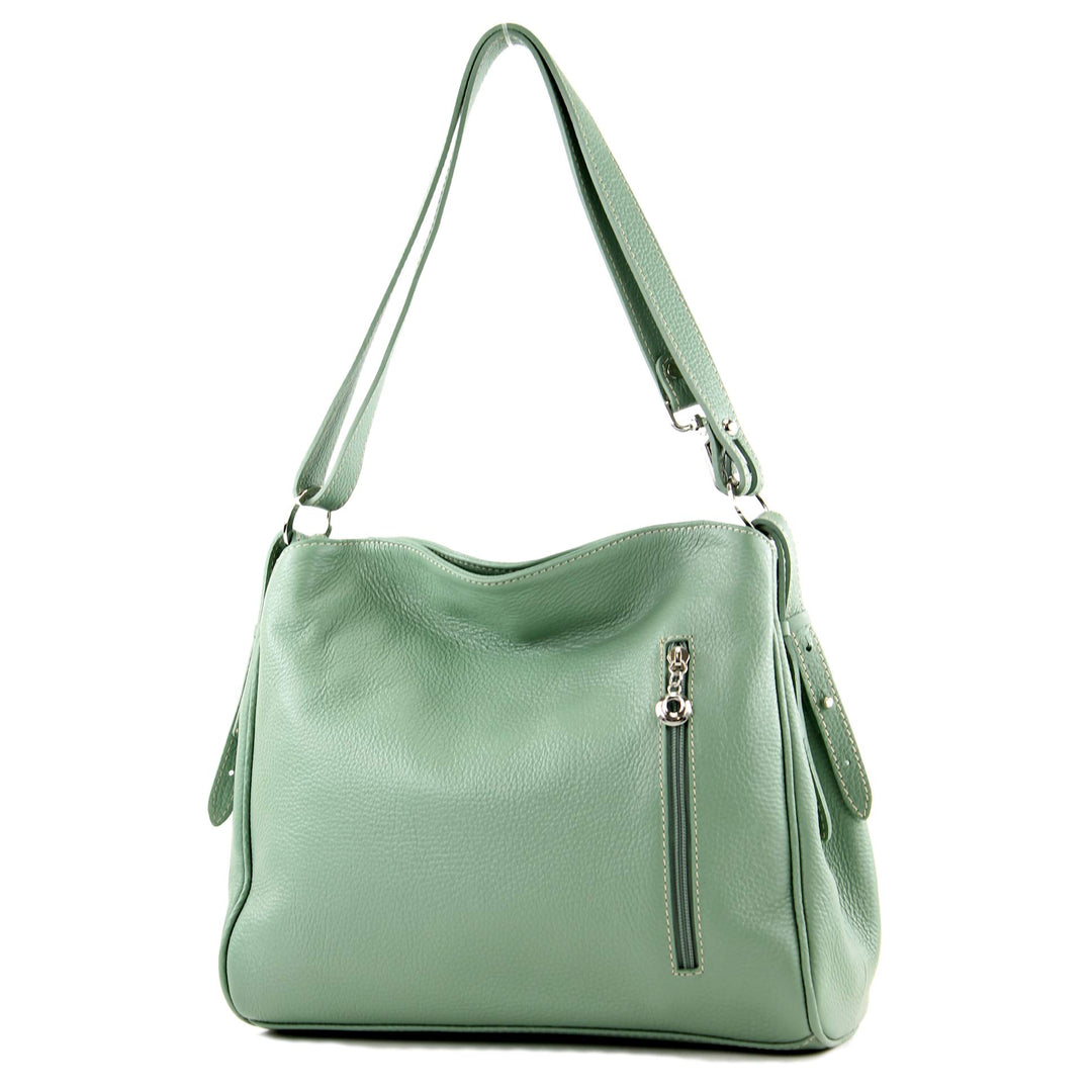 modamoda de - T119 - ital Schultertasche Umhängetasche aus Leder Graugrün, Graugrün